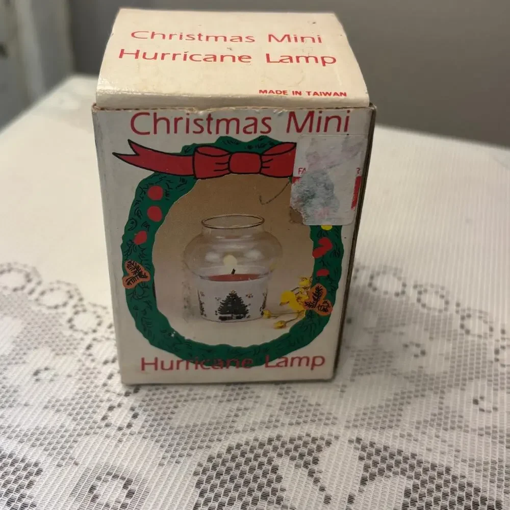Vintage Christmas Mini Hurricane Lamp Original Box Taiwan Tree Scene Collectible
